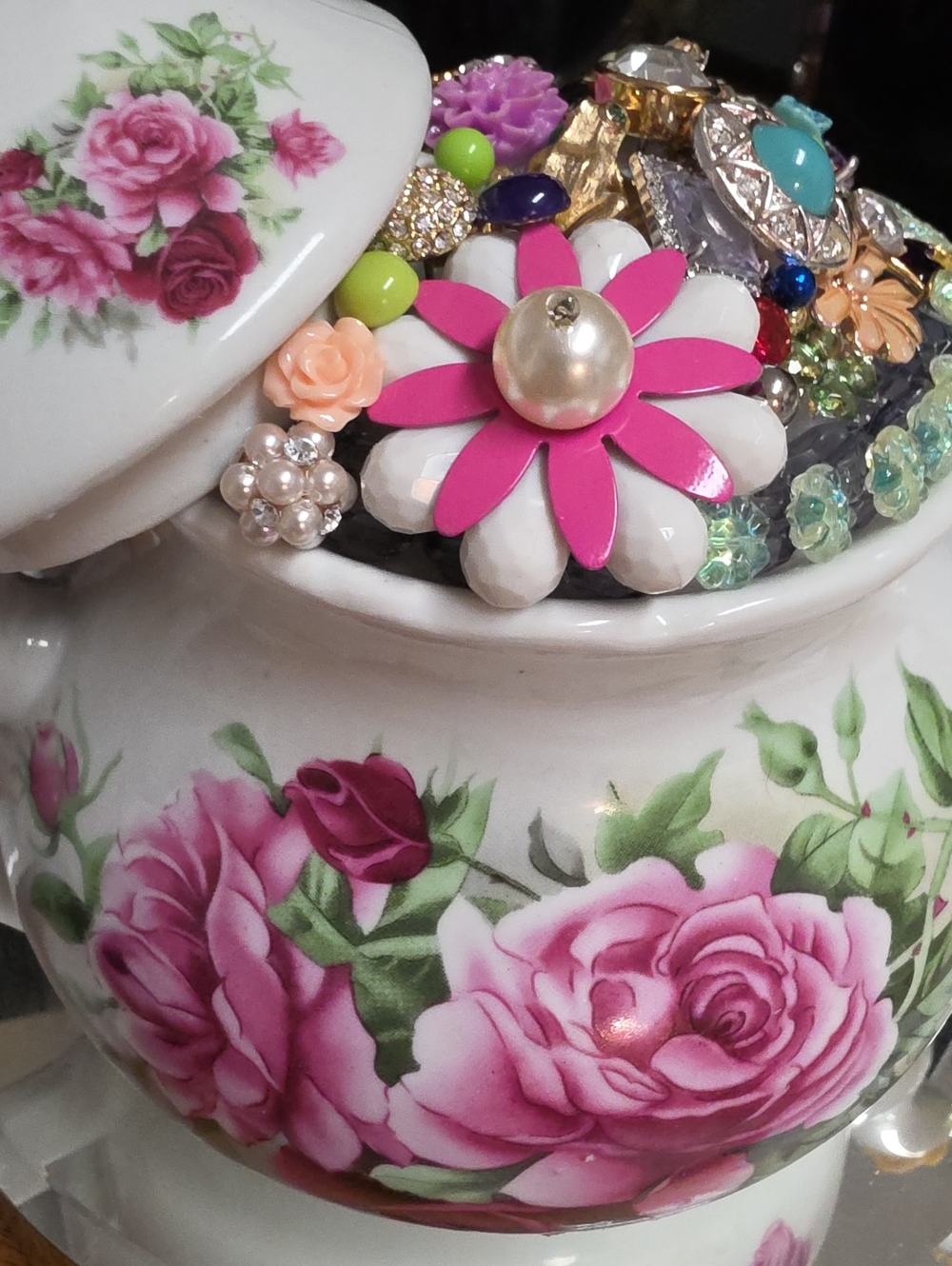 Hand Crafted Jewelry Embellished Porcelain Rose Teapot Art - Picture 5 of 10